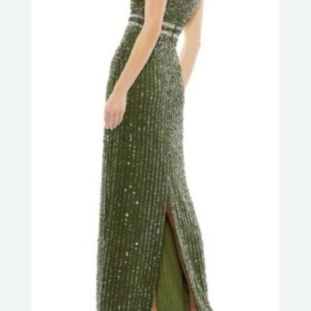 Mac Duggal Green and Gold Sequin Midi Dress - Picture 2 of 5